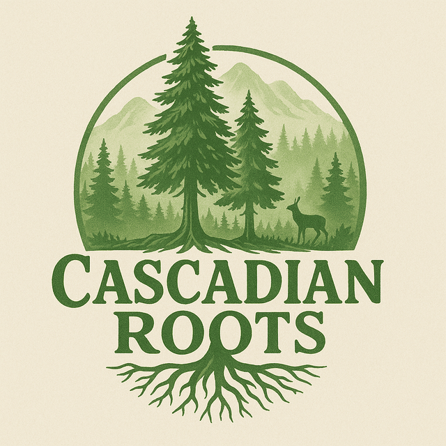 Cascadian Roots logo: evergreen trees and a deer in front of mountains, with roots below the name